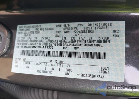 2024 Ford Escape St-Line из США, поврежденный, VIN 1FMCU9MN1RUA19332